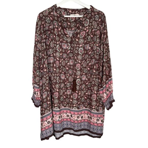 Natural Life Floral Long Sleeve V-Neck Boho Mini Tunic Dress  Brown Womens Large - Picture 1 of 9